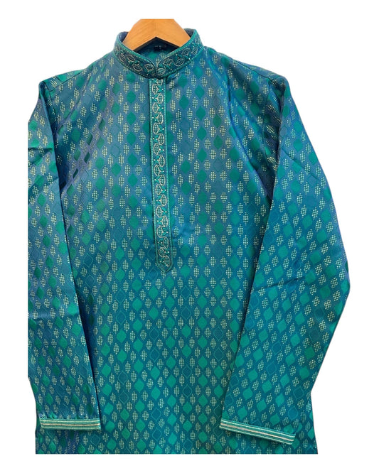 Turquoise Blue - Banarasi Handloom Brocade Mens Indian Kurta set with Trousers - UK Stock - Weddings / Walimas , Sangeet, Diwali, Eid, Mehndi / Henna - VEE2450 VR - Prachy Creations
