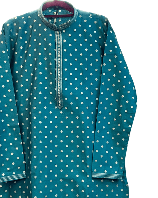 Turquoise Blue - Banarasi Handloom Brocade Mens Indian Kurta set with Trousers - UK Stock - Weddings / Walimas , Sangeet, Diwali, Eid, Mehndi / Henna - VEE3006 VV - Prachy Creations