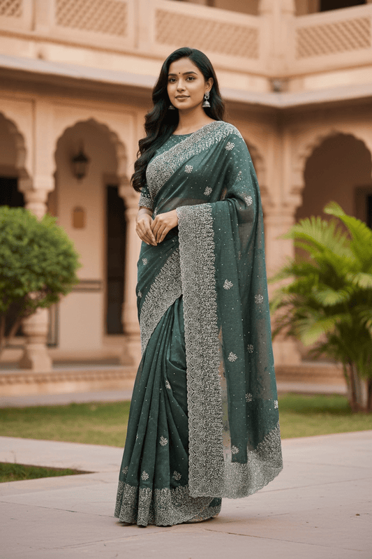 Turquoise Blue - Classic Saree with Thread Work Border and Blouse Piece - UK stock - 24hr Dispatch - RS2534 VY - Prachy Creations