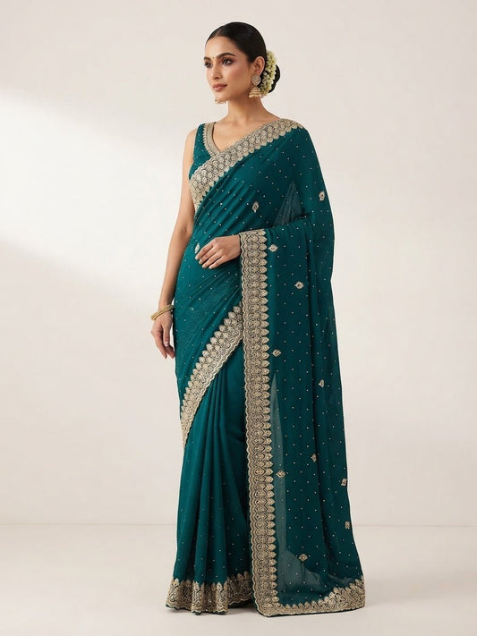 Turquoise Blue - Fancy Party Saree with Blouse Piece - UK stock - 24hr Dispatch - SP2603 VY - Prachy Creations
