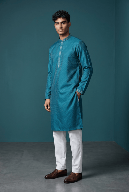Turquoise Blue - Handloom Woven Mens Indian Kurta set with Trousers - UK Stock - Weddings / Walimas , Sangeet, Diwali, Eid, Mehndi / Henna - EM11093 05KP26 - Prachy Creations