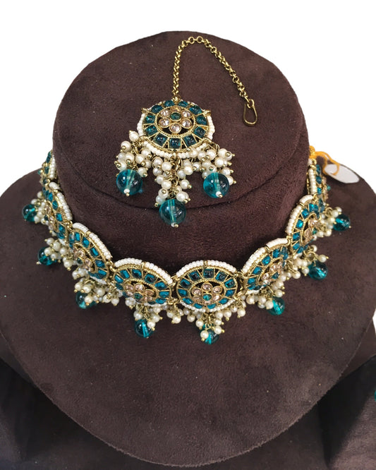 Turquoise Blue - Large Size Antique Gold Finish Necklace Set with Earrings - RAK05 VY 0424 - Prachy Creations