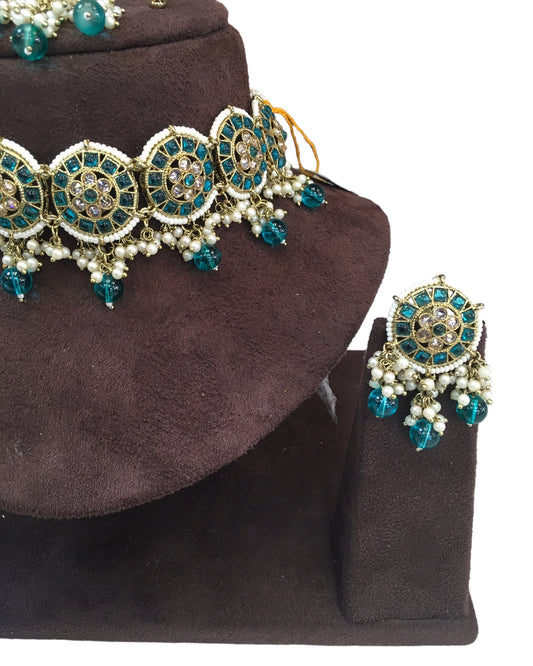 Turquoise Blue - Large Size Antique Gold Finish Necklace Set with Earrings - RAK05 VY 0424 - Prachy Creations
