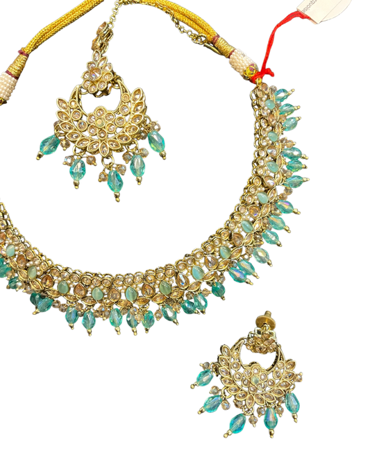 Turquoise Blue - Medium Size Antique Gold Finish Necklace Set with Earrings - RZ31 KYp - Prachy Creations