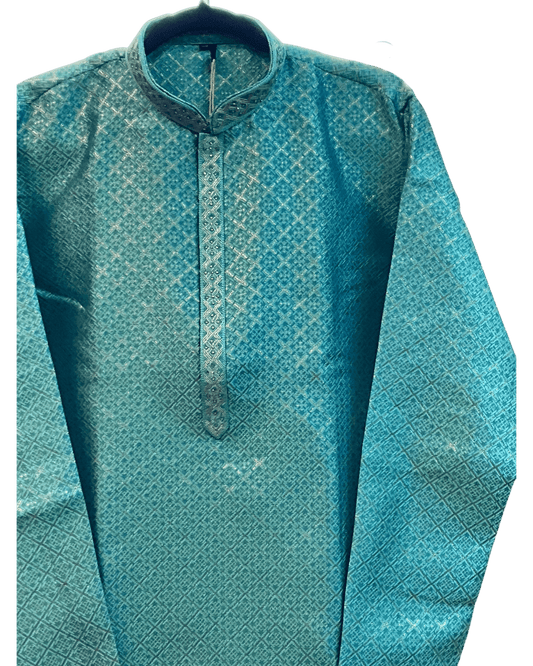 Turquoise Blue - Men’s Embroidered Jacquard Kurta Set with Trousers - UK Stock - Weddings / Walimas , Sangeet, Diwali, Eid, Mehndi / Henna - VEE3045 VK - Prachy Creations