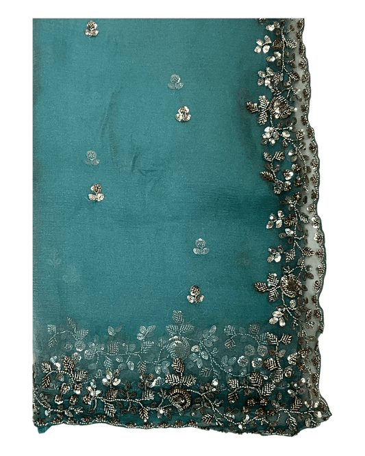 Turquoise Blue - Rich Saree with Bead Embroidery and Blouse Piece - UK stock - 24hr Dispatch - RS2523 TH - Prachy Creations