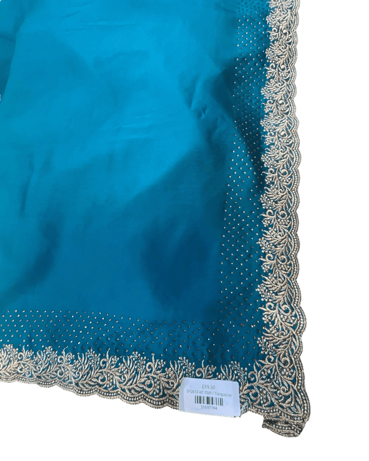 Turquoise Blue - Saree with Thread / Stone Work and Blouse Piece - UK stock - 24hr Dispatch - SP2612 KR - Prachy Creations