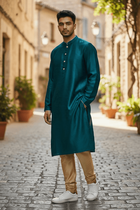 Turquoise Blue - Silky Mens Indian Kurta set - UK Stock - Ideal to Pair with a Waistcoat - VEE1095 KJ - Prachy Creations