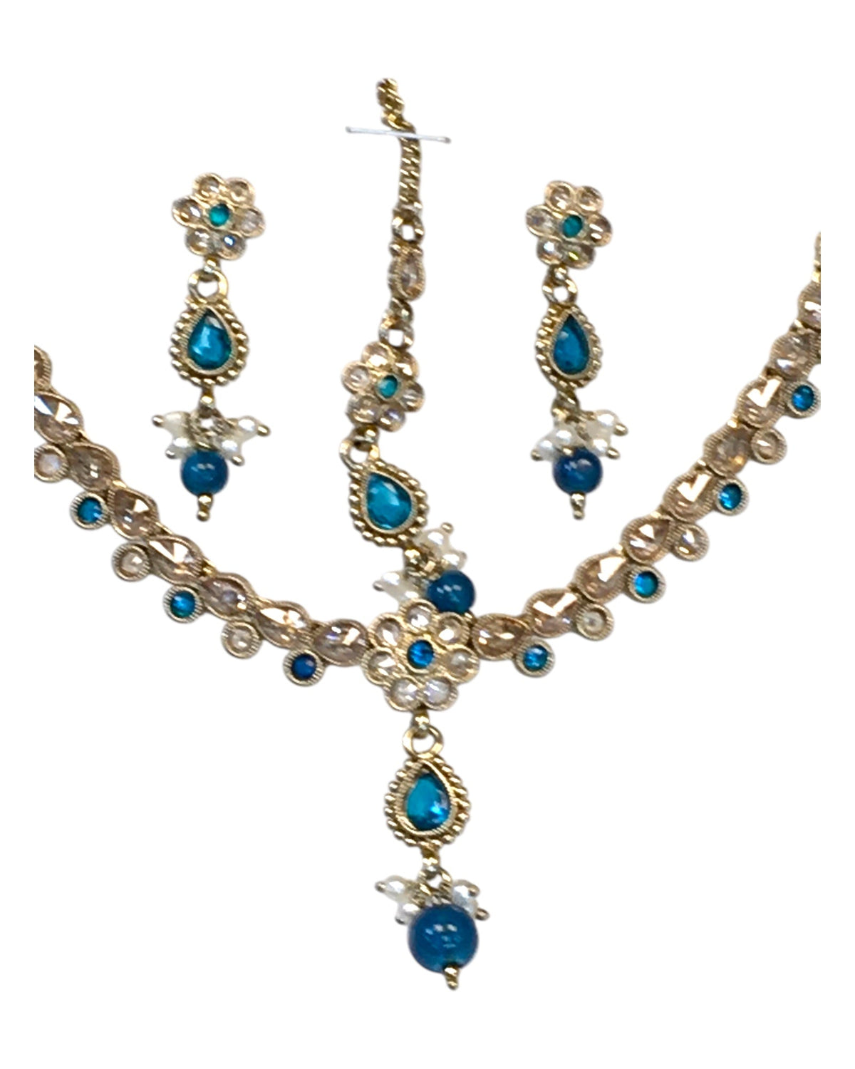 Turquoise Blue - Small Size Antique Gold Finish Necklace Set with Earrings & Head Piece /Tika- SLV78 11Ap24 - Prachy Creations