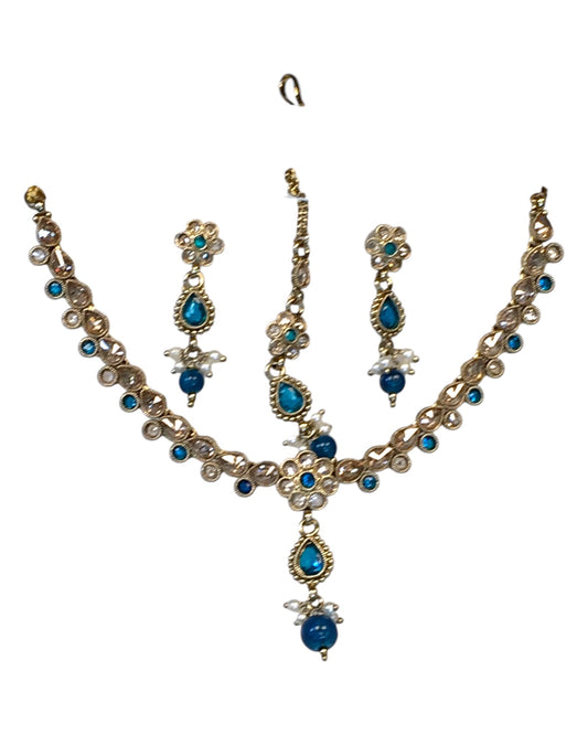 Turquoise Blue - Small Size Antique Gold Finish Necklace Set with Earrings & Head Piece /Tika- SLV78 11Ap24 - Prachy Creations