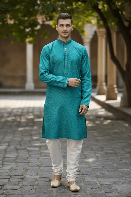 Turquoise Green - Banarasi Handloom Brocade Mens Indian Kurta set - UK Stock - Weddings / Walimas , Sangeet, Diwali, Eid, Mehndi / Henna - VEE2433 VR - Prachy Creations