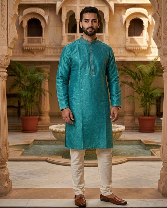 Turquoise Green - Banarasi Handloom Brocade Mens Indian Kurta set with Trousers - UK Stock - Weddings / Walimas , Sangeet, Diwali, Eid, Mehndi / Henna - VEE3023 VY - Prachy Creations