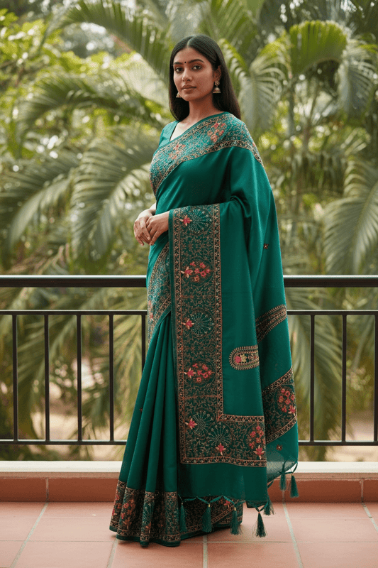 Turquoise Green - Classic Saree with Thread Work and Blouse Piece - UK stock - 24hr Dispatch - RS2505 VY - Prachy Creations