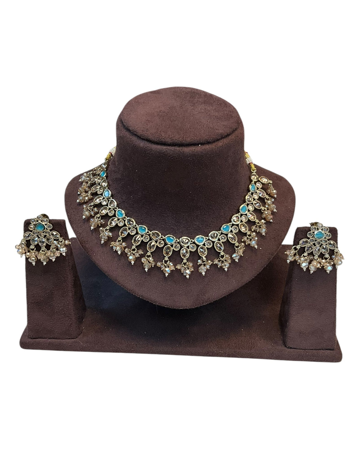 Turquoise - Large Size Antique Gold Finish Necklace Set with Earrings. - KAJ1031 KYp - Prachy Creations