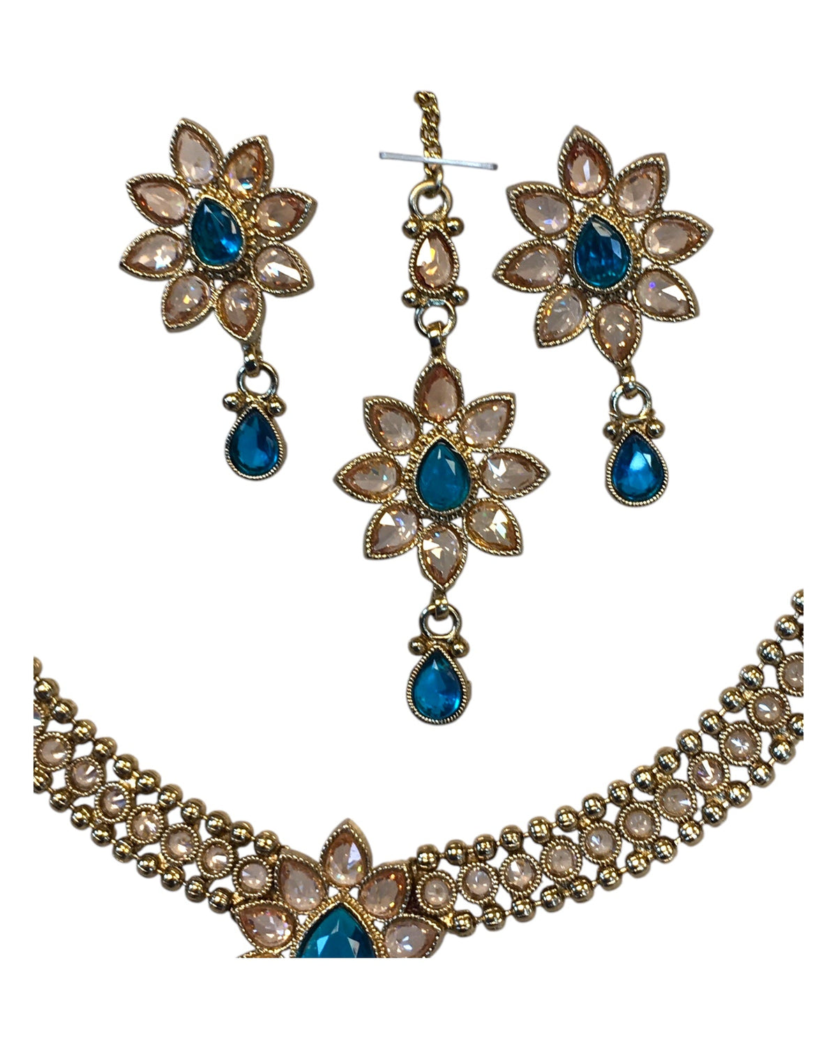 Turquoise - Medium Size Antique Gold Finish Necklace Set with Earrings & Head Piece /Tika- SLV80 11H24 - Prachy Creations