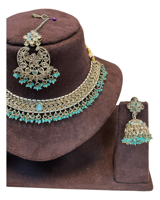 Turquoise - Medium Size Antique Gold Finish Necklace Set with Earrings & Tika Head piece - GGA05 KV 0525 - Prachy Creations