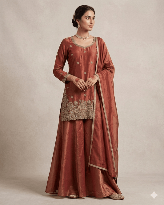 UK 10 / 36" - Coral - Silky Brocade Ladies Sharara / Palazzo Trousers Suit - Sangeet / Henna / Temple - JF1234 05TC26 - Prachy Creations