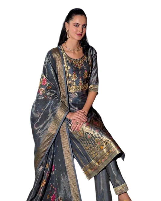 UK 10 / 36" - Navy Blue - Banarasi Handloom Ladies Indian Salwar Suit with Printed Dupatta - Available in Size 10 (36") LL-FAR22403 TY 1024 - Prachy Creations