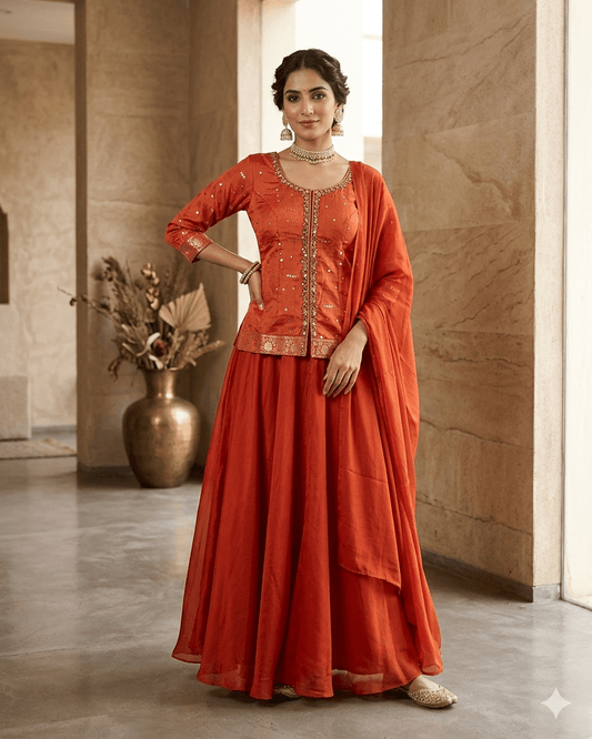 UK 12 / 38" - Orange - Ladies Sharara / Palazzo Trousers Suit - UK Stock - Sangeet / Henna / Weddings - DIL8640 TP - Prachy Creations