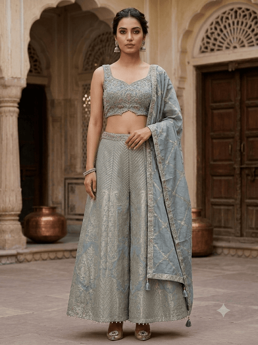 UK 12 / 38" - Pastel Light Grey / Silver - Designer Ladies Indian Short Top Palazzo Trousers Suit - UK Stock - 2/3 days delivery - VMK Jivika AV - Prachy Creations