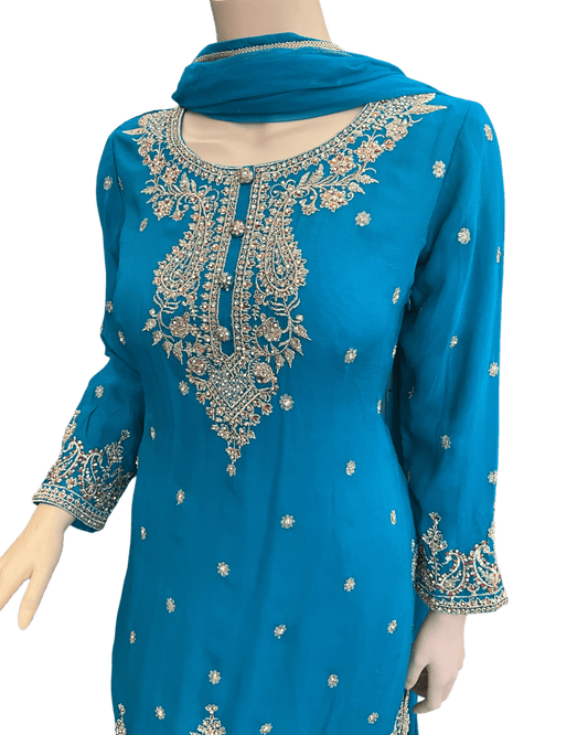 UK 12 / 38" - Turquoise Blue - Designer Ladies Sharara / Palazzo Trousers Suit - UK Stock - Sangeet / Henna / Weddings - SC1639 09RP25 - Prachy Creations