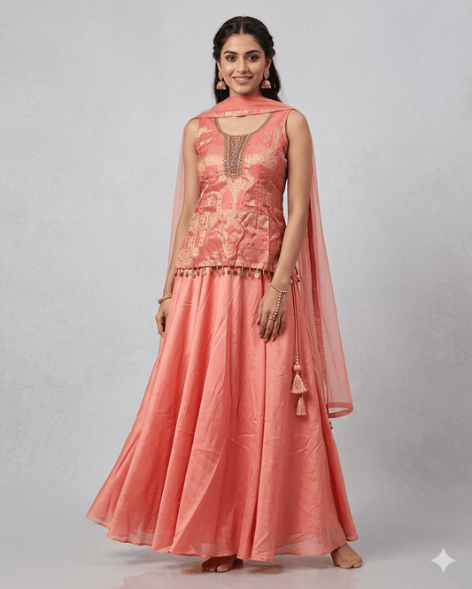 UK 14 / 40" - Coral Pink - Ladies Sharara / Palazzo Trousers Suit - UK Stock - Sangeet / Henna / Weddings - DIL86058 TP - Prachy Creations