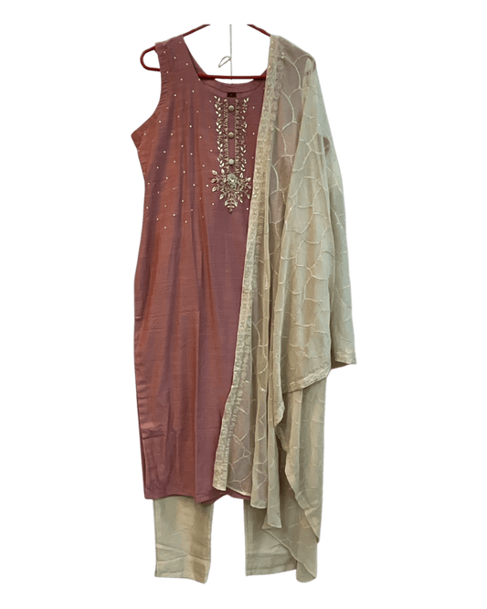 UK 14 / 40" - Dusty Pink - Silky Brocade Ladies Trousers Suit - Sangeet / Henna / Temple - OC815 VJ - Prachy Creations