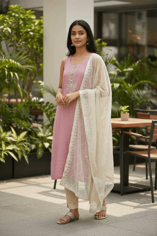 UK 14 / 40" - Dusty Pink - Silky Brocade Ladies Trousers Suit - Sangeet / Henna / Temple - OC815 VJ - Prachy Creations