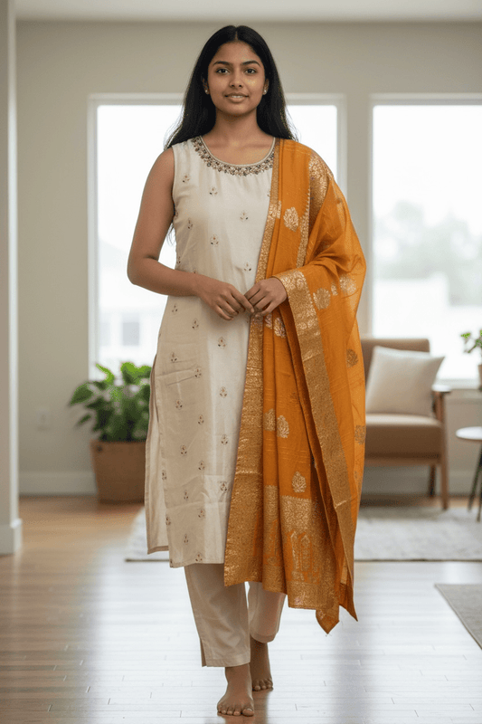 UK 14 / 40" - Light Gold with Yellow Dupatta - Silky Brocade Ladies Trousers Suit - Sangeet / Henna / Temple - KTC241063 VT VA - Prachy Creations