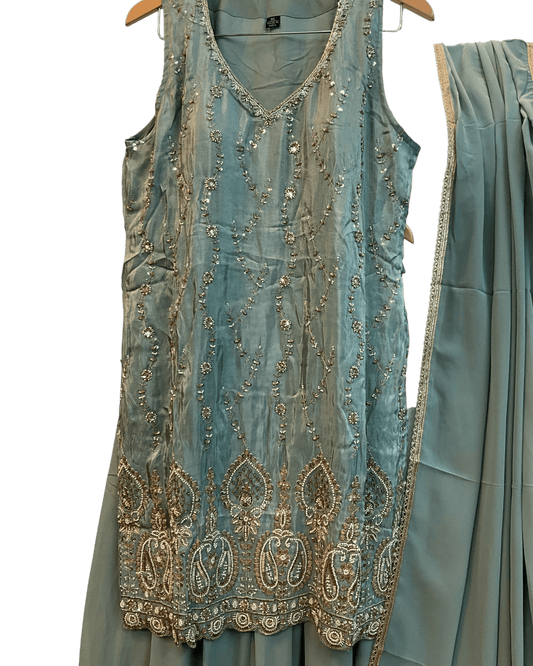 UK 16 / 42" - Sea Green - Crepe Ladies Sharara / Palazzo Trousers Suit - Sangeet / Henna / Temple - OC76137 TA - Prachy Creations