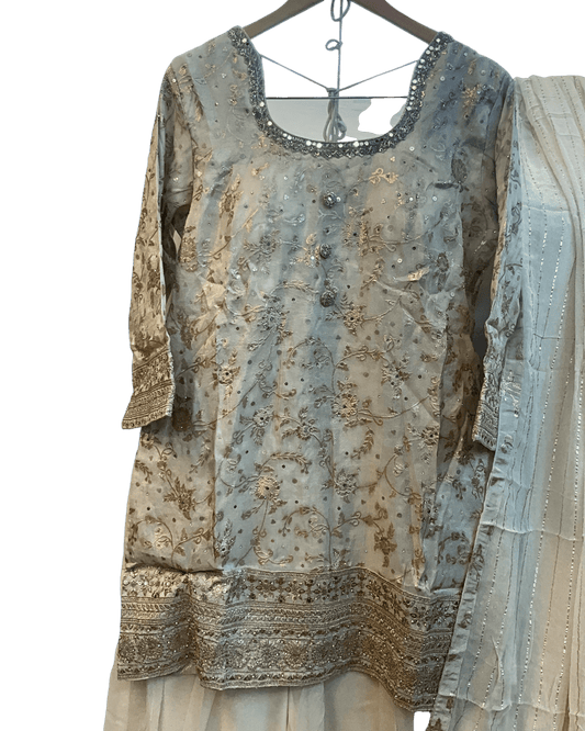 UK 18 / 44" - Cream / Light Gold - Crepe Ladies Sharara / Palazzo Trousers Suit - Sangeet / Henna / Temple - OC83009 JV - Prachy Creations