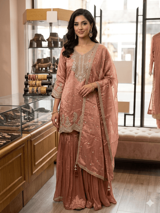 UK 20 / 48" - Rose Gold - Crepe Ladies Sharara / Palazzo Trousers Suit - Sangeet / Henna / Temple - OC83012 JA - Prachy Creations