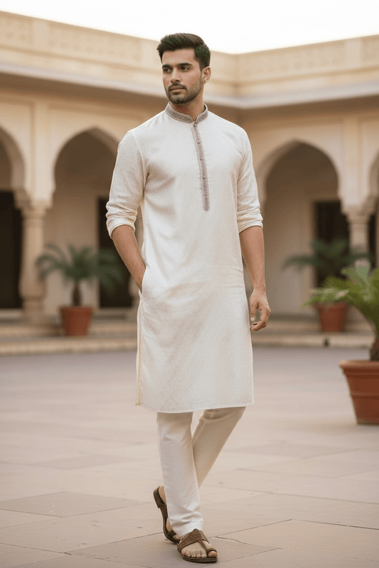 White - Banarasi Handloom Brocade Mens Indian Kurta set - UK Stock - Weddings / Walimas , Sangeet, Diwali, Eid, Mehndi / Henna - VEE2488 VR - Prachy Creations