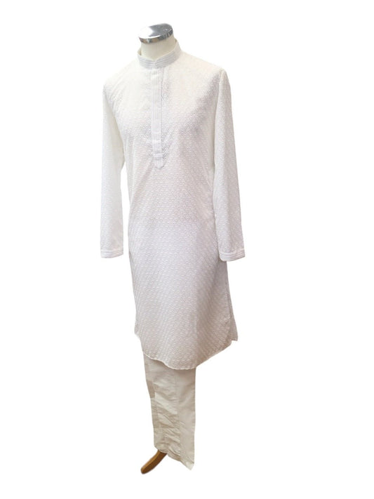 White - Lucknowi Cotton Men's Rich Kurta Set with Straight Pants - Indica KH 0324 - Prachy Creations