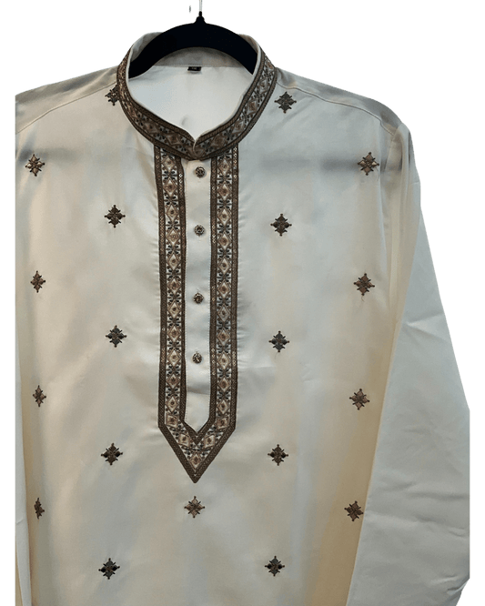 White / Off White - Soft Cotton Silky Mens Kurta Set with Neck Thread Embroidery- Sangeet Mehendi Haldi - KCS1025 06VY26 - Prachy Creations