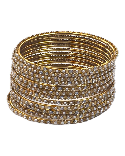 White Stones - Set of 12 Stone / Pearl Bangles - Antique Gold Finish (Pair) - JAN739 Vp 0923 - Prachy Creations