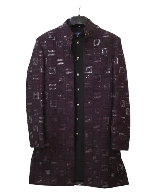Wine / Black - Mens Kurta Set with Rich Long Jacket - UK Stock - 24h Dispatch - HHF2410 TV 0624 - Prachy Creations