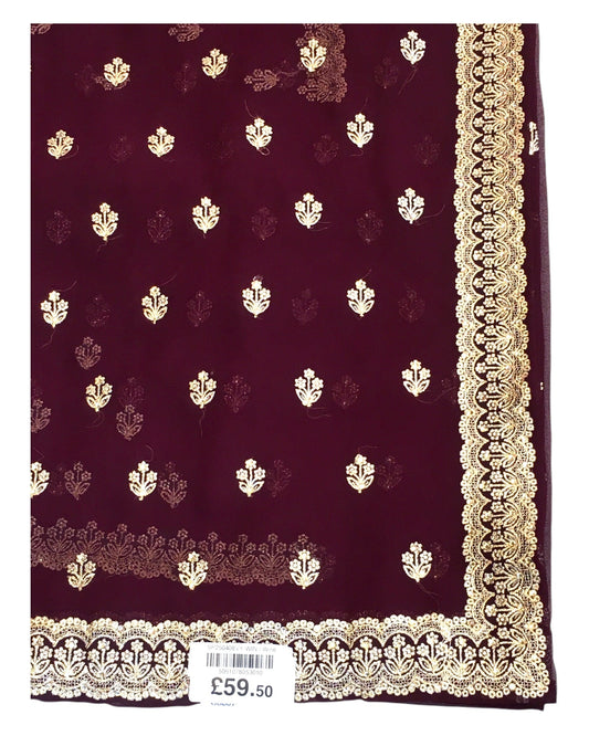 Wine - Chiffon - Party Wear Embroidered Saree with Blouse Piece - SP2504008 VY - Prachy Creations