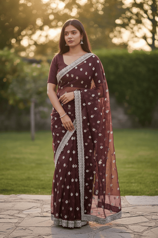 Wine - Chiffon - Party Wear Embroidered Saree with Blouse Piece - SP2504008 VY - Prachy Creations
