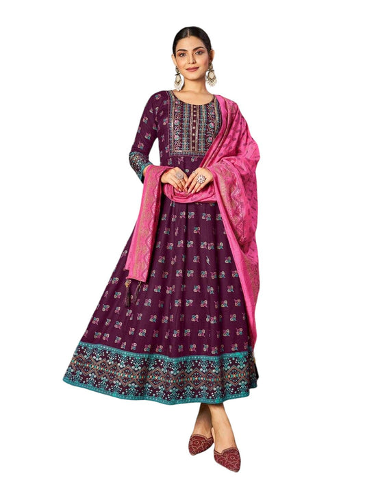 Wine - Cotton Block Printed Long Dress with Dupatta - Available in Sizes 14(40") & 20 (46") - BH1008 KK 0924 - Prachy Creations