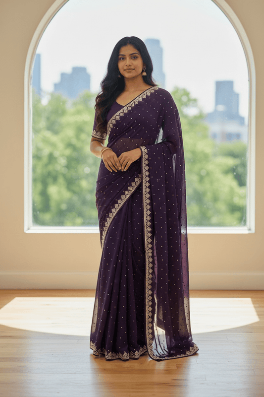 Wine - Fancy Embroidered Saree with Blouse Piece - UK stock - 24hr Dispatch - SP250614 KC - Prachy Creations