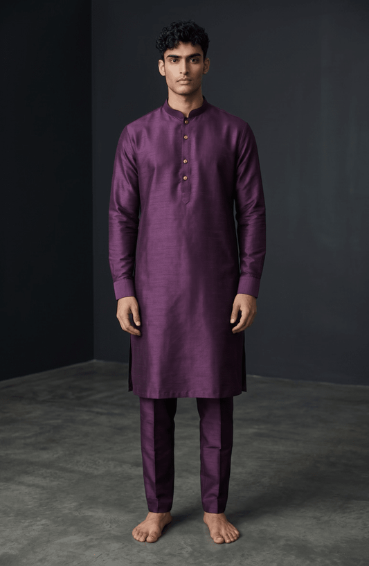 Wine - Plain Silky Mens Indian Kurta set with Trousers - UK Stock - Weddings / Walimas , Sangeet, Diwali, Eid, Mehndi / Henna - EM66 05KJ26 - Prachy Creations