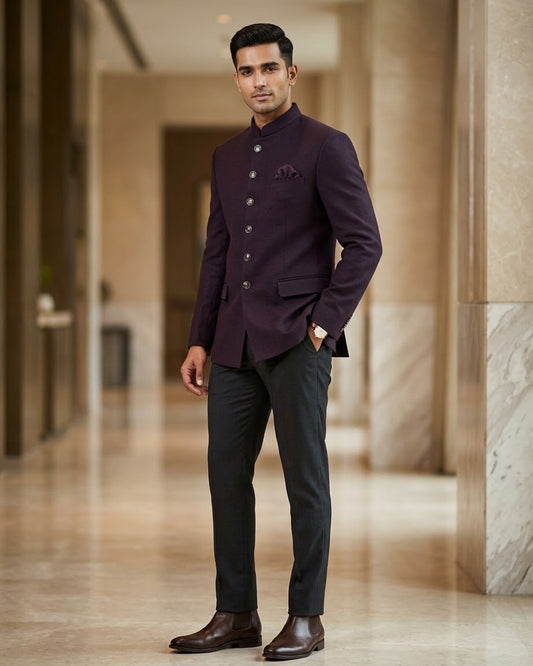 Wine - PREMIUM Slim Fit Mens Jute BandhGala / Prince / Chinese Collar Jacket - Fantastic Fit - CS2603 TH - Prachy Creations