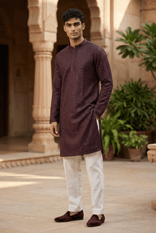 Wine Purple - Rich Sequins Lucknowi Chiffon Mens Indian Kurta Set with Smart Pants - Weddings / Walimas , Sangeet, Eid, Mehndi / Henna - KCS1261 VP 0225 - Prachy Creations