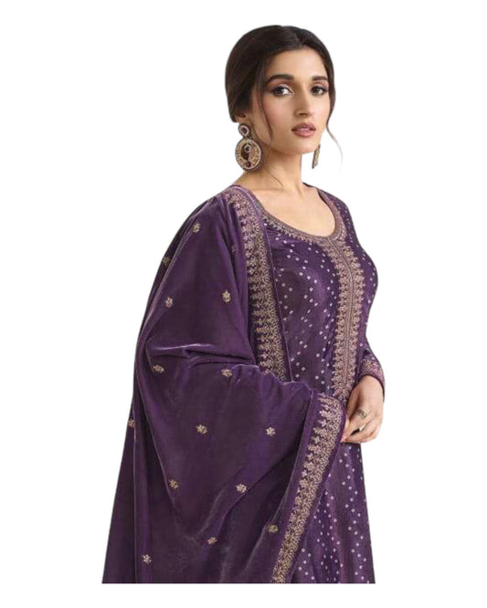 Wine - Rajastahan Print Velvet Ladies Indian Salwar Suit with Dupatta - KK65675 TA 1023 - Prachy Creations