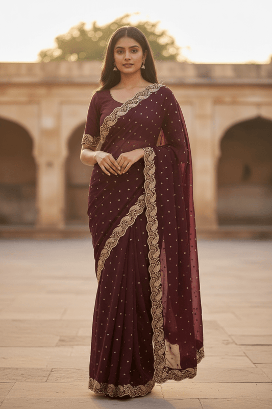 Wine - Rich Saree with Stone Work Border and Blouse Piece - UK stock - 24hr Dispatch - RS2532 TC - Prachy Creations
