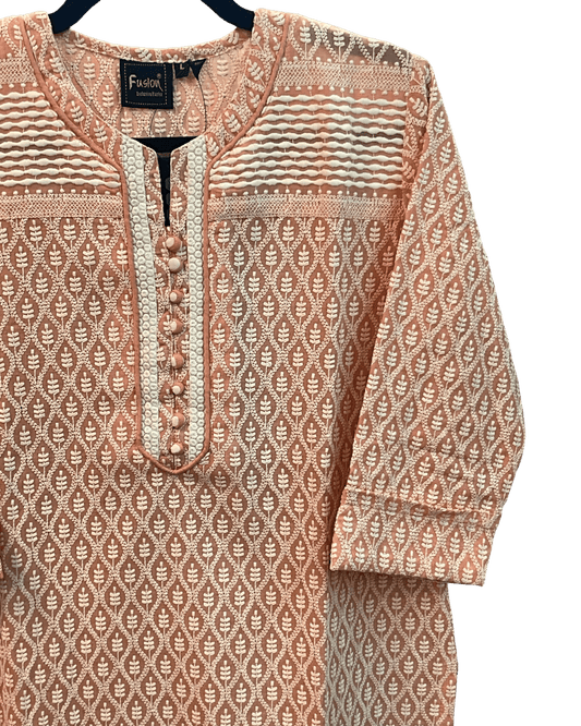XS to XXXL - Pastel Coral Pink - Lucknowi Cotton Ladies Kameez Top only - Funeral / Church / Casual - ARV4380 H - Prachy Creations
