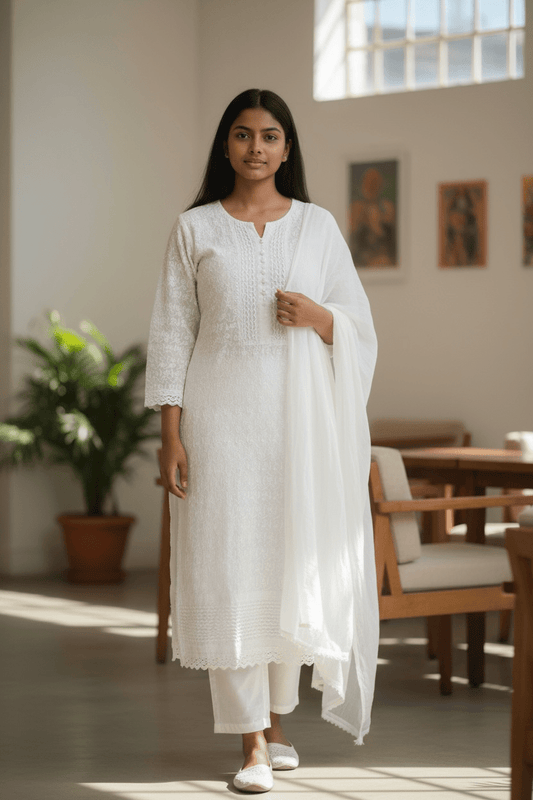 XS to XXXL - White - Cotton Ladies Salwar Kameez with Chiffon Dupatta - Elbow Length Sleeves - Funeral / Church KTC250401 KR - Prachy Creations