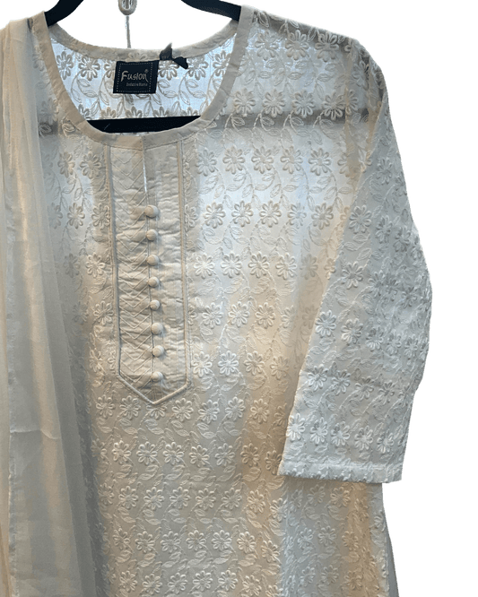 XS to XXXL - White - Lucknowi Cotton Ladies Salwar Kameez / Punjabi Suit with Chiffon Dupatta - Funeral / Church ARV4380 KC - Prachy Creations