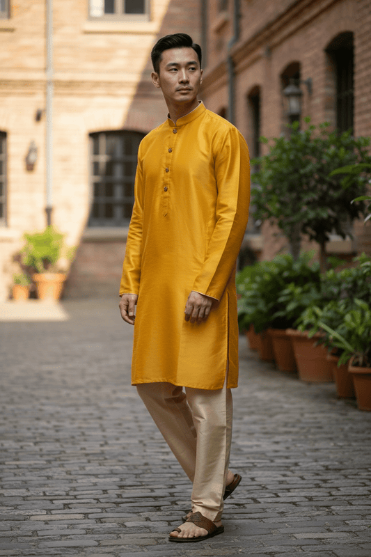 Yellow - Silky Mens Indian Kurta set - UK Stock - Ideal to Pair with a Waistcoat - VEE1095 KJ - Prachy Creations